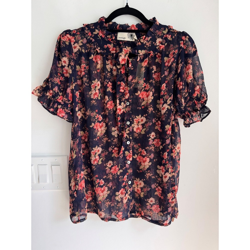 Everleigh Navy Floral Sheer Chiffon Ruffle Tie Neck Blouse Puff Sleeve M NEW